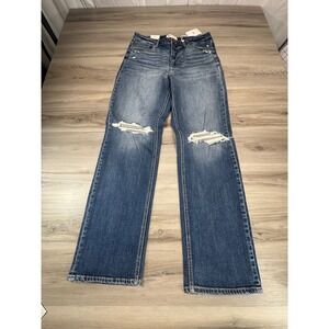 BKE Denim Women's slim fit high rise Straight Distressed Jeans Size 33L Blue NWT